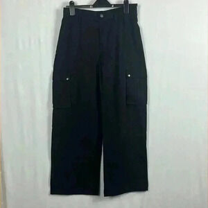 Ambiance Apparel Womens Cargo Pants Black M Elastic Waist Front Button Wide Leg